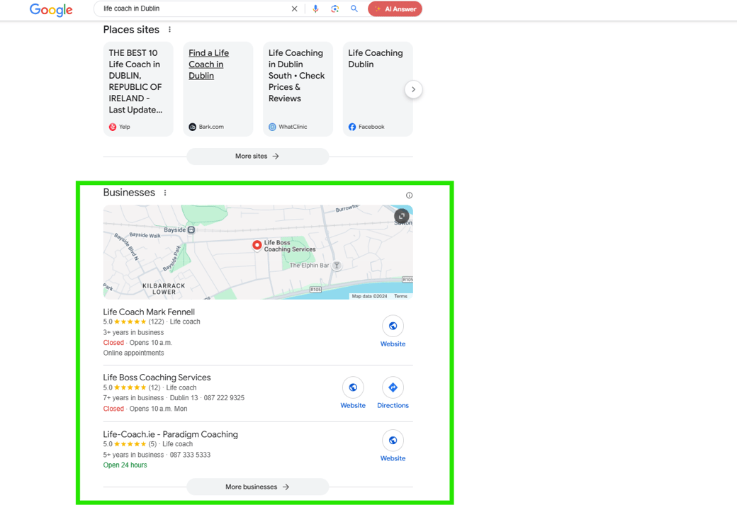 SEO for life coaches Google Business Profile Dublin Ireland
